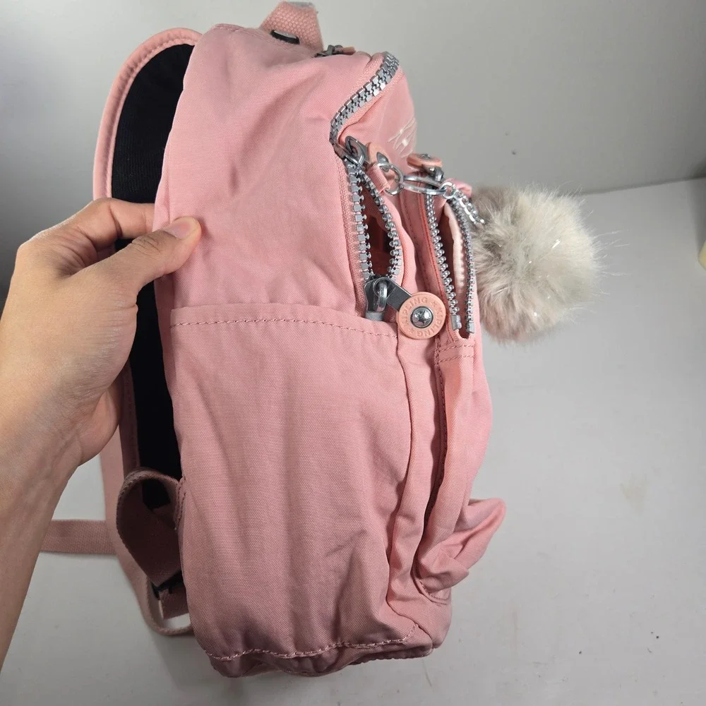 Kipling Pink Nylon Small Backpack Kaylee Embroidery Pom Pom Keychain Bag